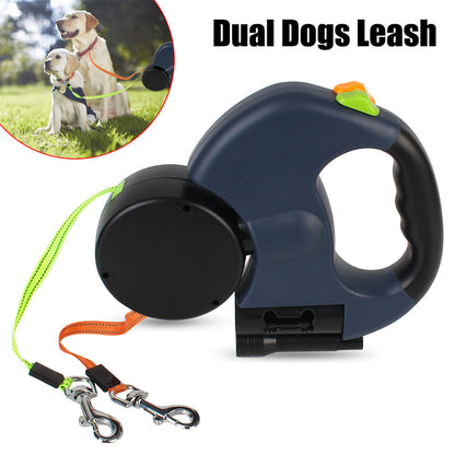 Retractable Reflective Double Dog Walking Leash With Light