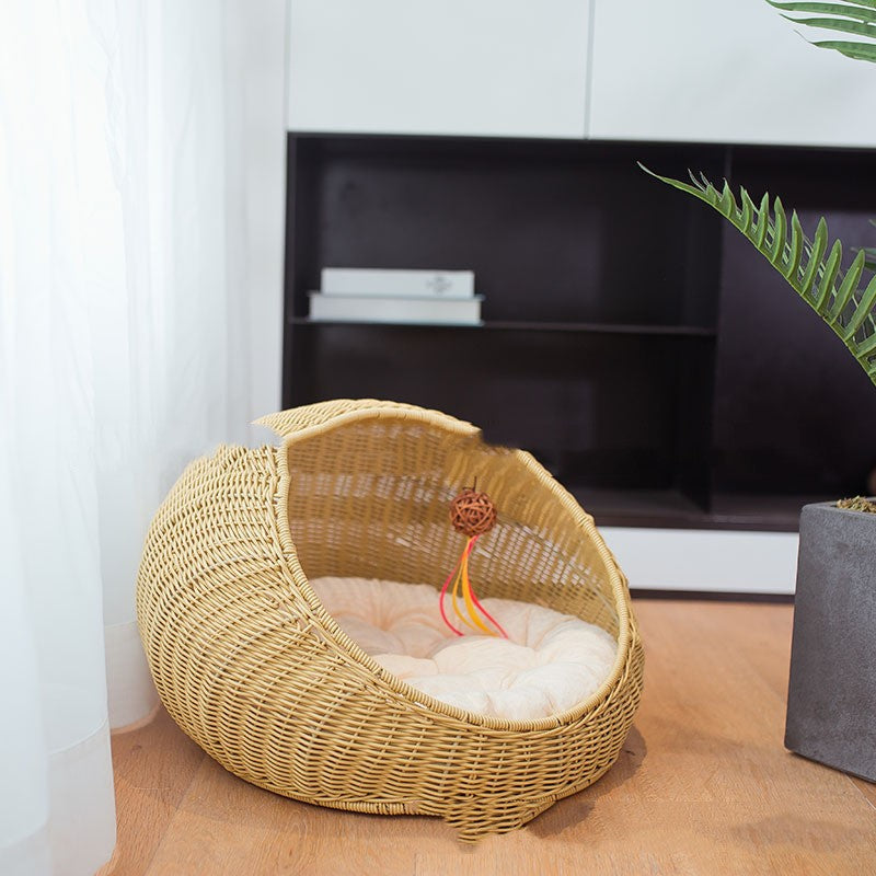 Hand-Crafted Woven Cat Nesting Bowl Bed with Toy