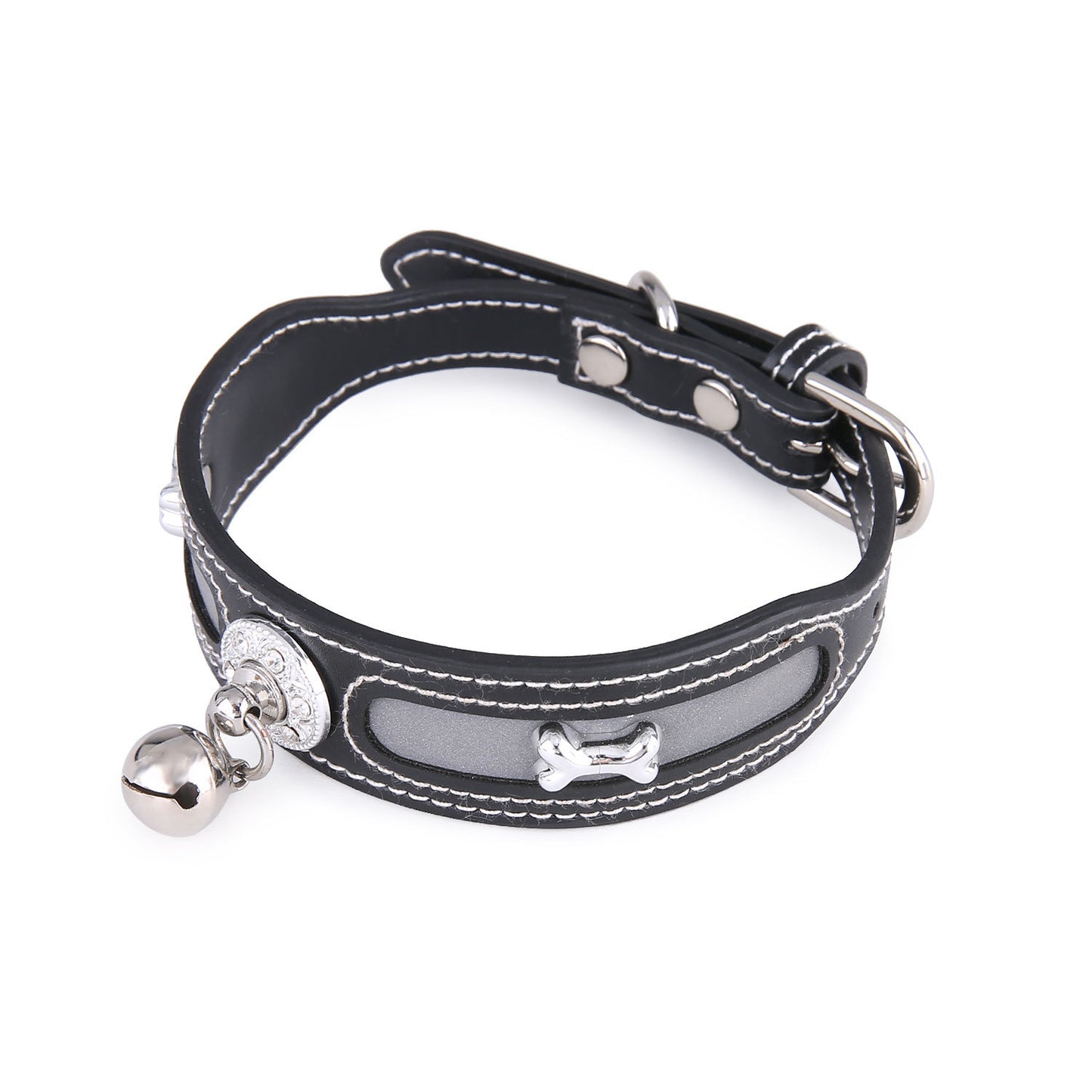 Reflective Collar with Bone Charm and Bell for Small Dogs