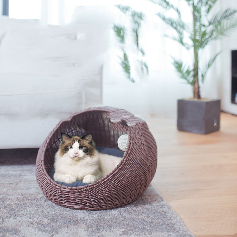 Hand-Crafted Woven Cat Nesting Bowl Bed with Toy