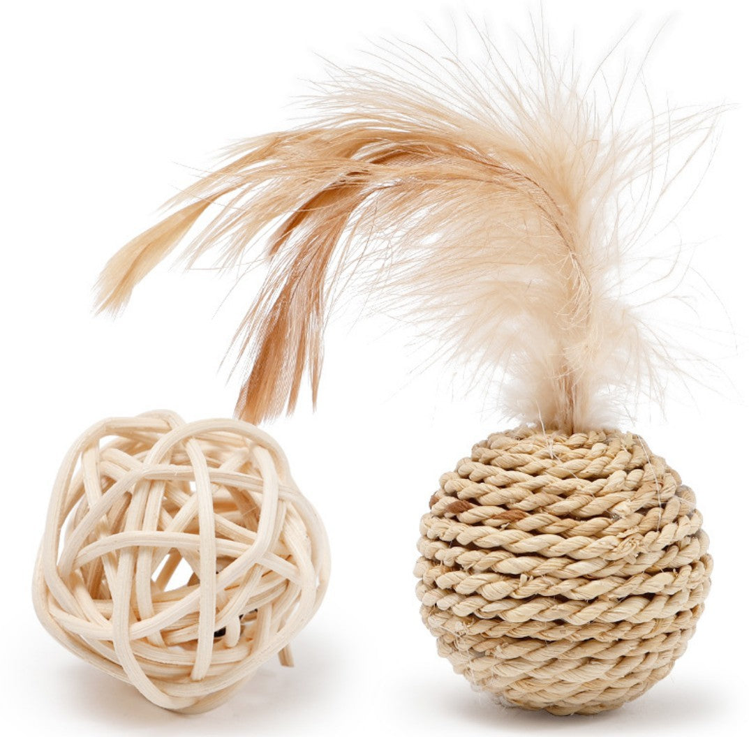 Rattan Woven Bell Ball Feather Funny Cat Toy