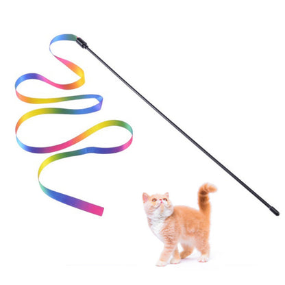 Colorful Rainbow Ribbon Cat Teaser Wand Toy