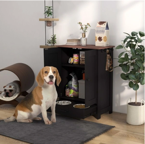 Storage Cabinet with Food and Water Bowls for Dogs