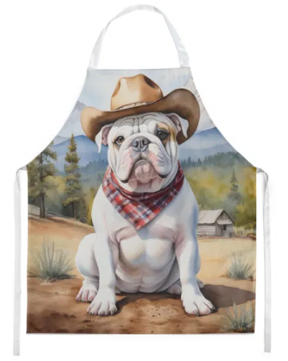 English Bulldog - Welcome Cowboy Apron for Cooking, Baking and Crafts for Adult Women and Men - Unisex Large