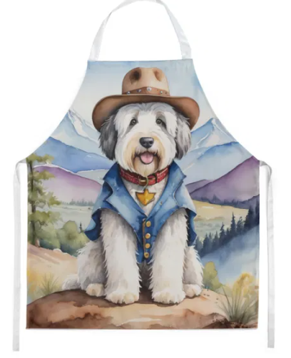 Old English Sheepdog - Welcome Cowboy Apron for Cooking, Baking and Crafts for Adult Women and Men - Unisex Large