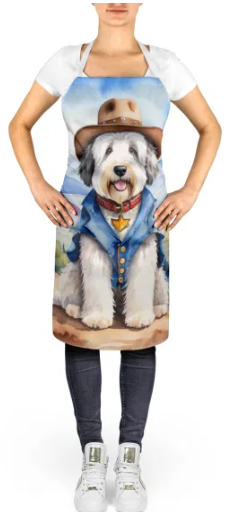 Old English Sheepdog - Welcome Cowboy Apron for Cooking, Baking and Crafts for Adult Women and Men - Unisex Large