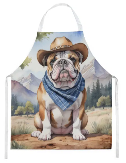 English Bulldog - Welcome Cowboy Apron for Cooking, Baking and Crafts for Adult Women and Men - Unisex Large