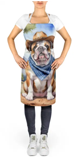 English Bulldog II - Welcome Cowboy Apron for Cooking, Baking and Crafts for Adult Women and Men - Unisex Large