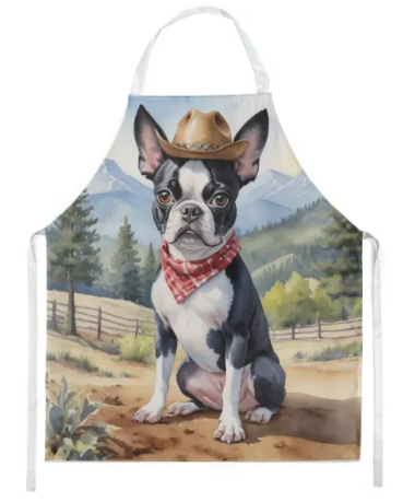 Boston Terrier - Welcome Cowboy Apron for Cooking, Baking and Crafts for Adult Women and Men - Unisex Large