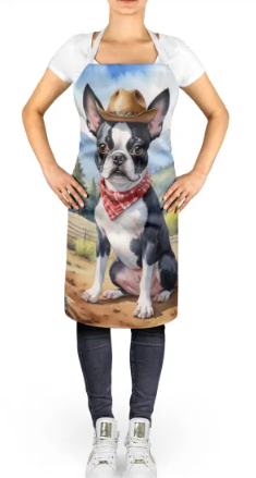 Boston Terrier - Welcome Cowboy Apron for Cooking, Baking and Crafts for Adult Women and Men - Unisex Large