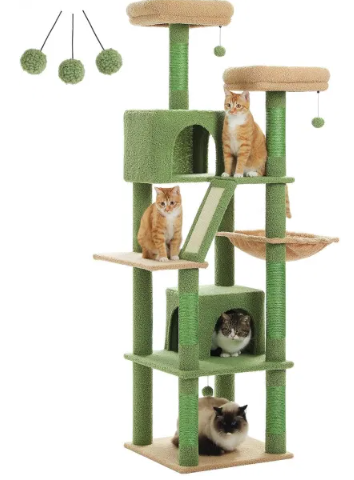 Multi-Level Tower With 2 Perches, 2 Condos, Hammock And Pompoms for Cats