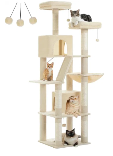 Multi-Level Tower With 2 Perches, 2 Condos, Hammock And Pompoms for Cats