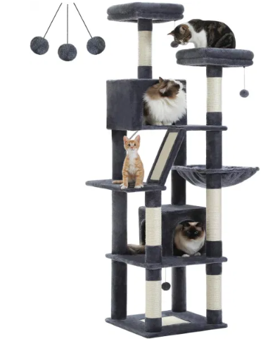 Multi-Level Tower With 2 Perches, 2 Condos, Hammock And Pompoms for Cats