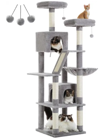 Multi-Level Tower With 2 Perches, 2 Condos, Hammock And Pompoms for Cats