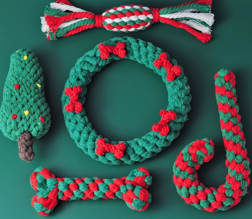 Christmas Stocking with 5 Knotted Rope Chew Toy Set For Dog