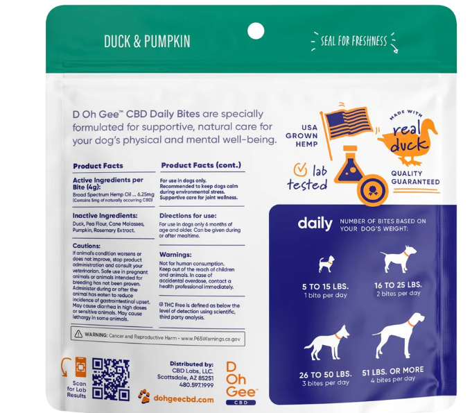 D Oh Gee Brand CBD Daily Duck and Pumpkin Bites for Dogs - 10 Count (50MG CBD Per Bag)