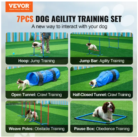 Agility Training Equipment 7 PCS Set with Hurdles, 2 Tunnels, Jump Ring for Dogs