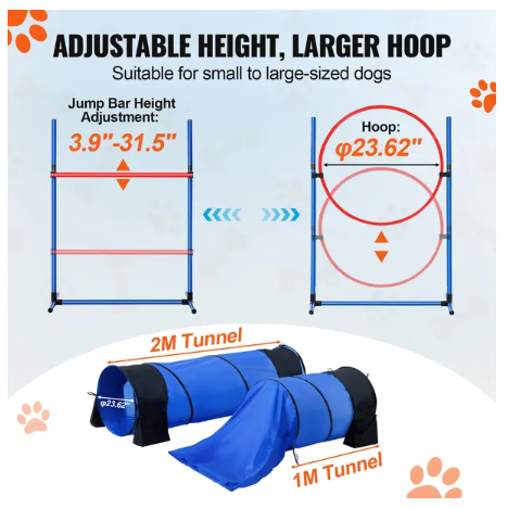 Agility Training Equipment 7 PCS Set with Hurdles, 2 Tunnels, Jump Ring for Dogs