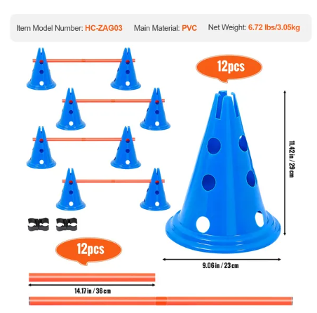 Agility Training Hurdle/Cone Set - 12 Cones, 6 Rods with Storage Bag for Dogs