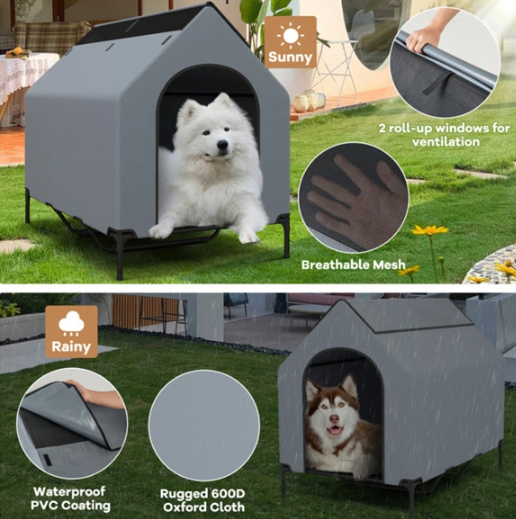 Elevated Covered Bed with Ventilated Windows for Indoor or Outdoor Use for Dogs