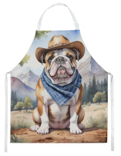 English Bulldog II - Welcome Cowboy Apron for Cooking, Baking and Crafts for Adult Women and Men - Unisex Large