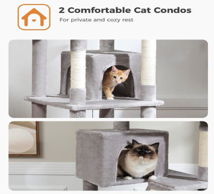 Multi-Level Tower With 2 Perches, 2 Condos, Hammock And Pompoms for Cats