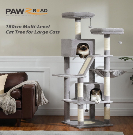 Multi-Level Tower With 2 Perches, 2 Condos, Hammock And Pompoms for Cats