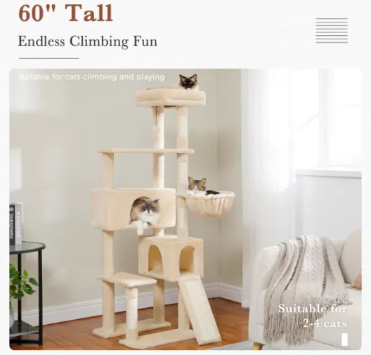 Multi-Level Cat Tree/Tower With Sisal-Covered Scratching Post, Cozy Cat Condo, Padded Top Perch For Indoor Cats