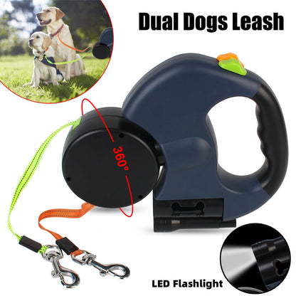 Retractable Reflective Double Dog Walking Leash With Light