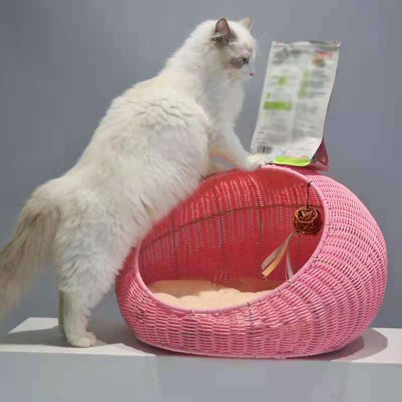 Hand-Crafted Woven Cat Nesting Bowl Bed with Toy