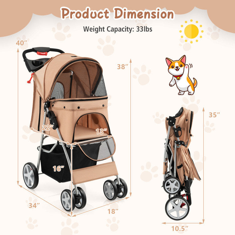 Folding Stroller with Storage Basket and Adjustable Canopy For Dogs and Cats