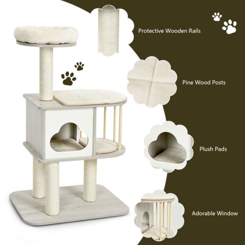 Wooden Activity Tree with Platform and Cushions for Cats