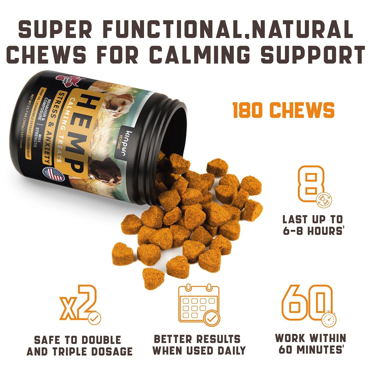 Kinpur - Calming Chews with Hemp Oil Aid for Anxiety and Hip and Joint Health for Dogs - 180 count