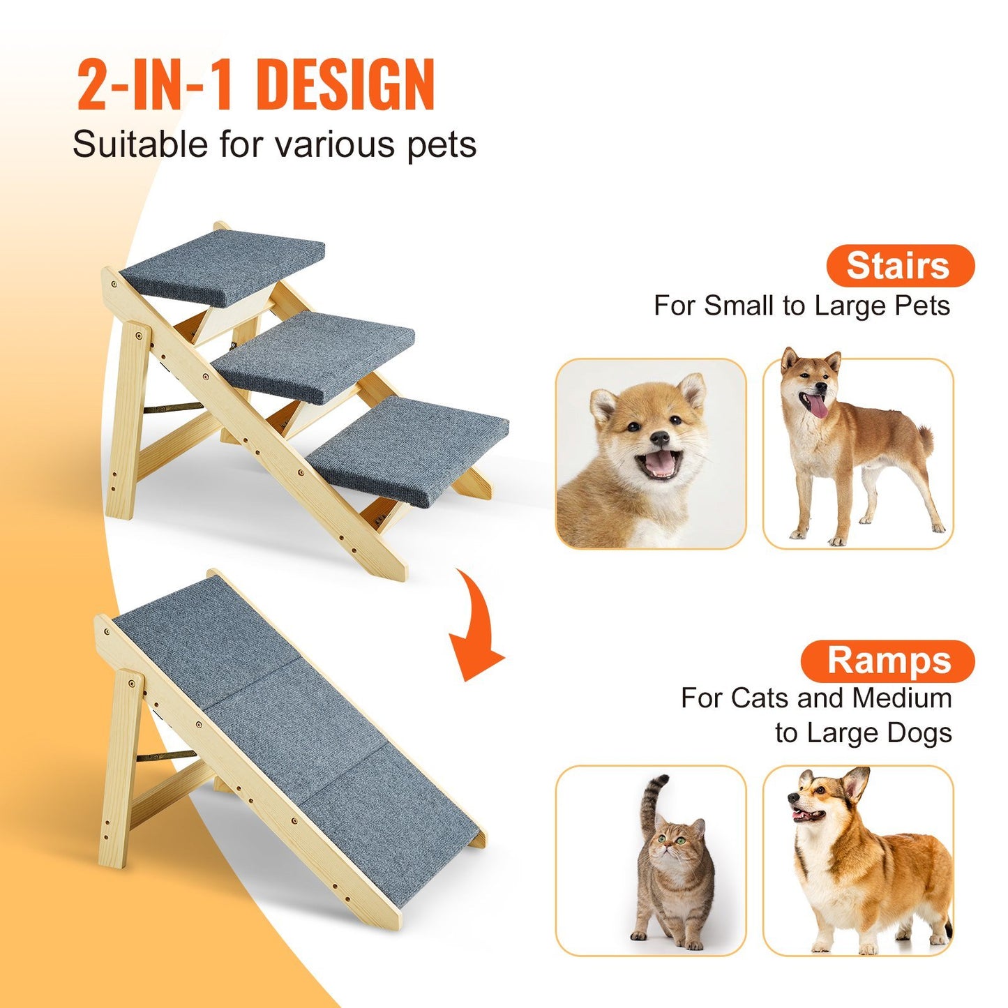 Wooden 2-in-1 Foldable Stairs/Ramp with 3 Steps for Small Medium Large Dogs up to 150 lbs