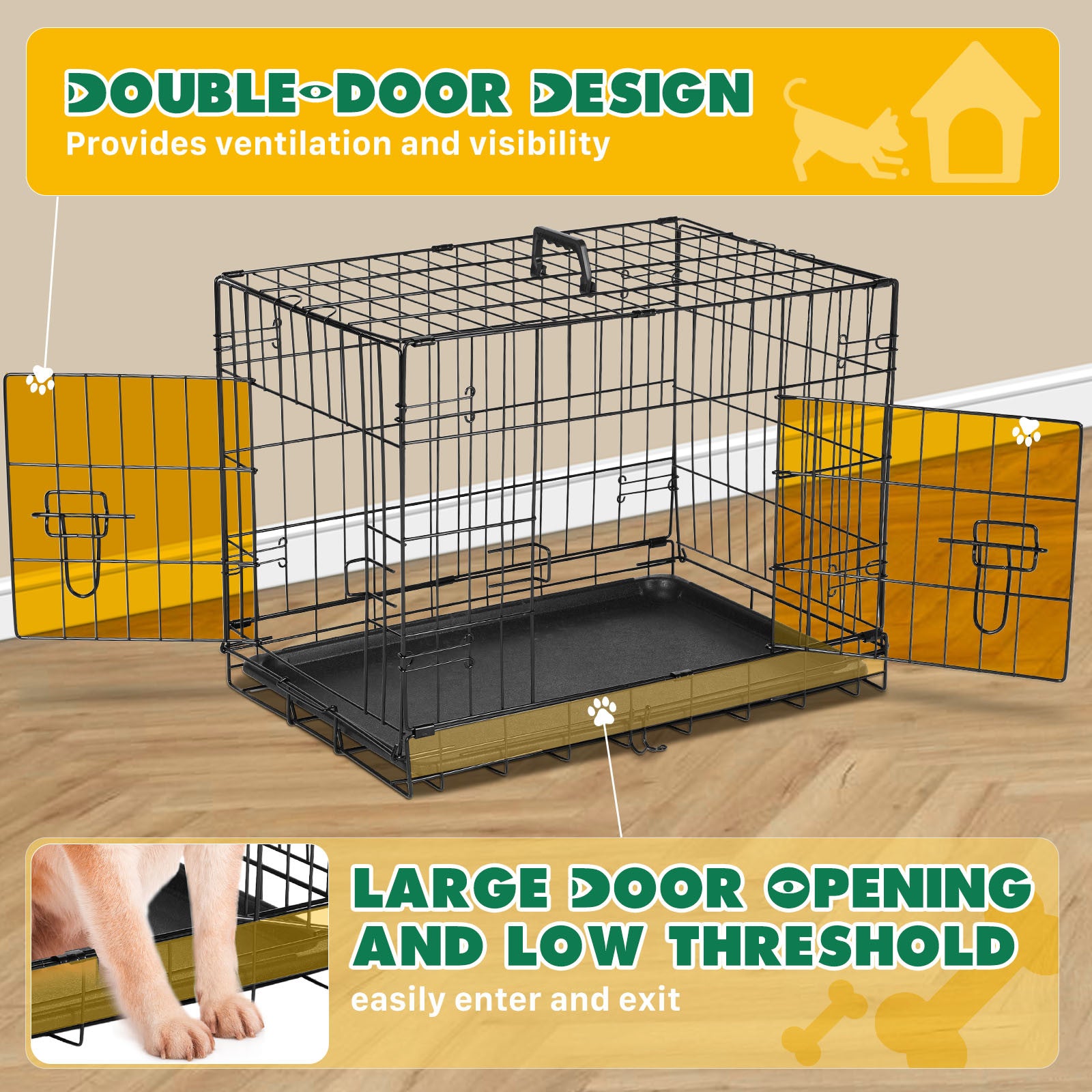 Folding Metal Kennel-Crate with Divider Panel Double Doors with Leak-Proof Tray for Dogs - 30 Inches