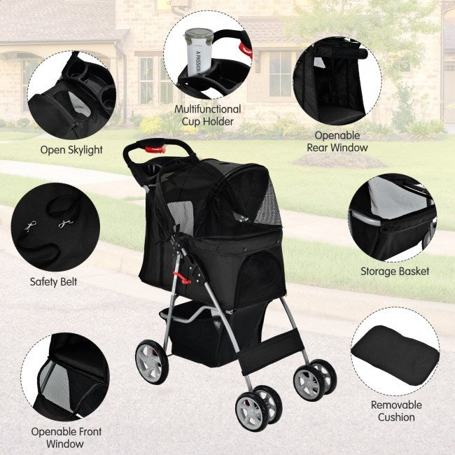 Foldable 4-Wheel Stroller with Storage Basket For Dogs and Cats