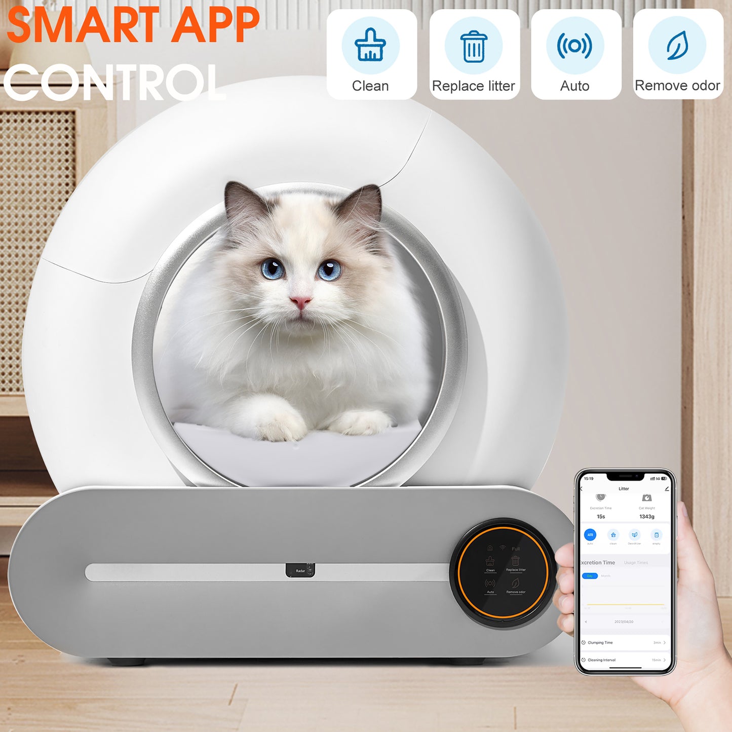 Self-Cleaning Automatic Scooping and Odor Removal App Controlled Litter Box for Cats