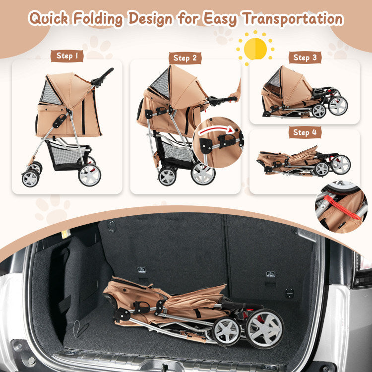 Folding Stroller with Storage Basket and Adjustable Canopy For Dogs and Cats