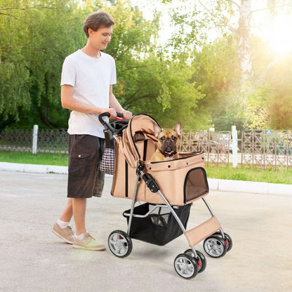 Foldable 4-Wheel Stroller with Storage Basket For Dogs and Cats