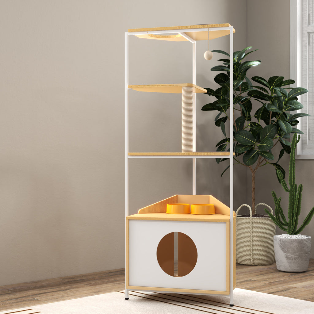 Corner Cat Tower Condo with Scratching Post and Feeding Station