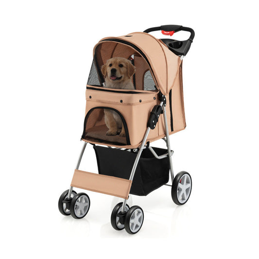 Folding Stroller with Storage Basket and Adjustable Canopy For Dogs and Cats