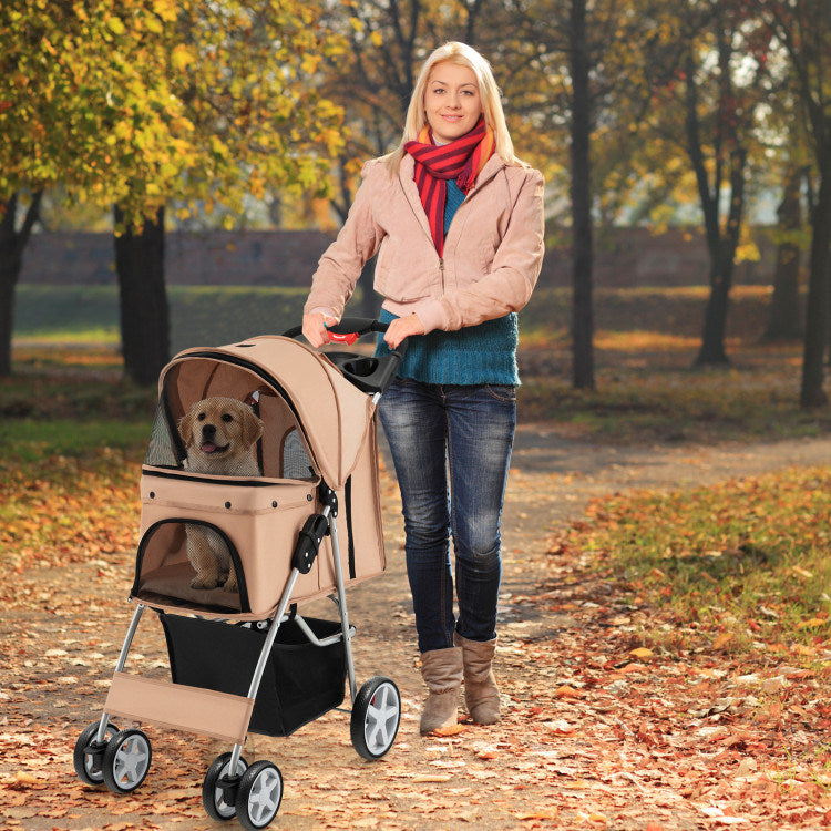 Folding Stroller with Storage Basket and Adjustable Canopy For Dogs and Cats