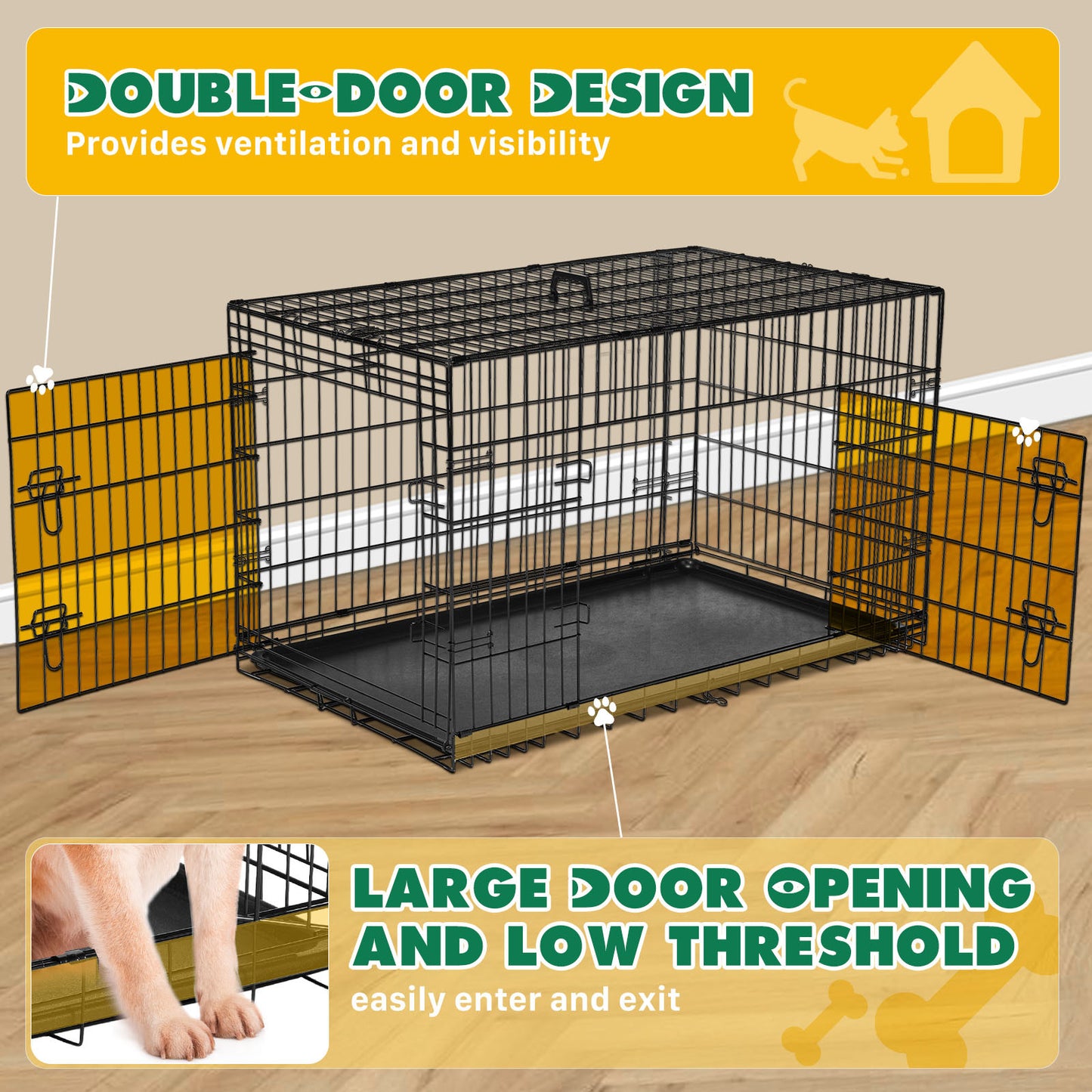 Folding Metal Kennel-Crate with Divider Panel Double Doors with Leak-Proof Tray for Dogs - 36 Inches