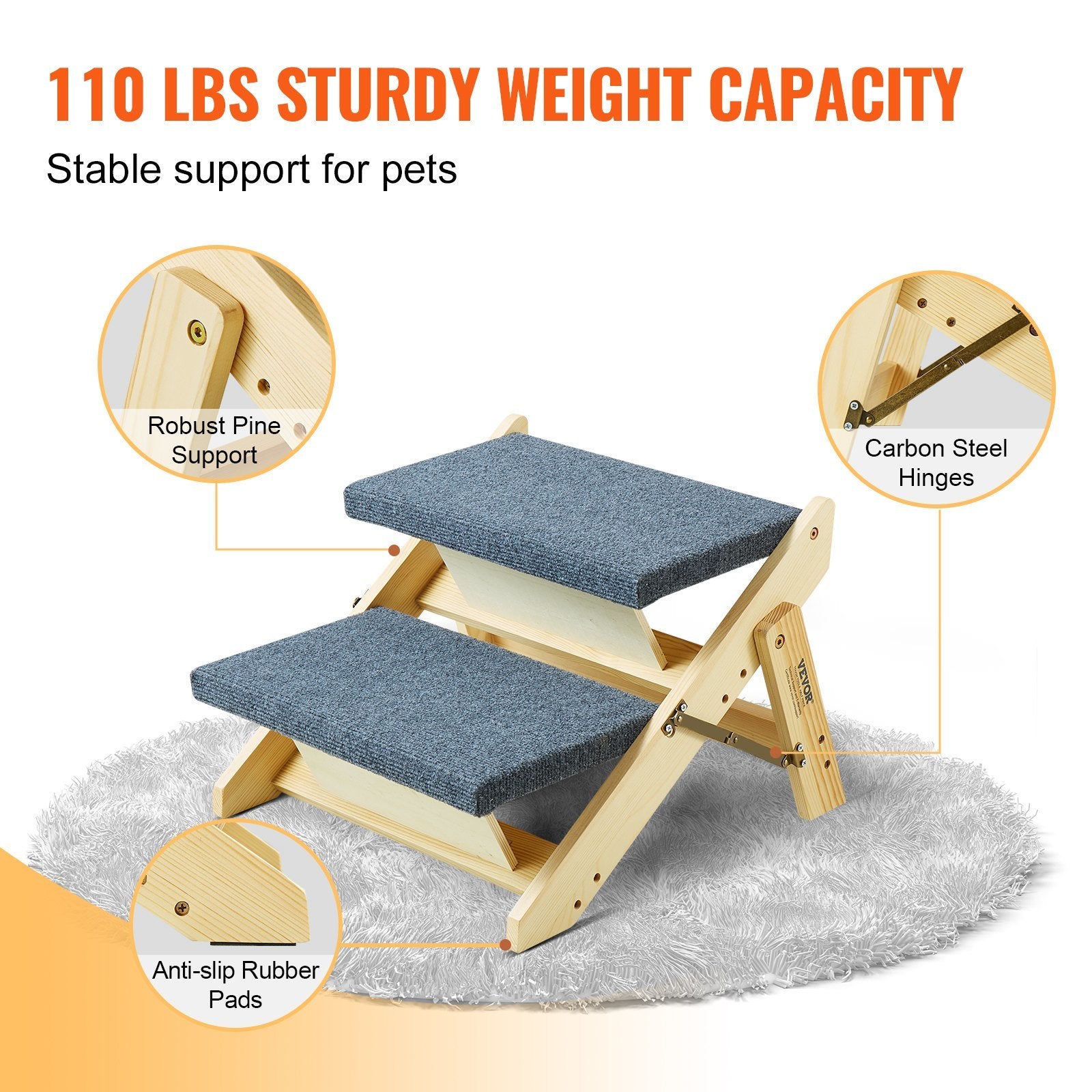 Foldable 2-in-1 Wooden Dog Stair/Ramp with 2 Steps for Dogs up to 110 lbs