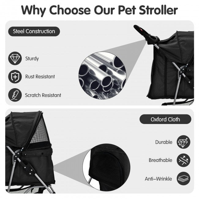 Foldable 4-Wheel Stroller with Storage Basket For Dogs and Cats