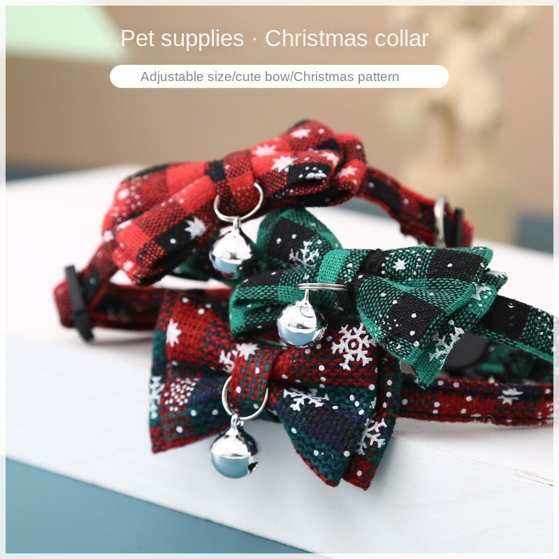 Christmas Snowflake Plaid Bowties with Bell Collar for Cats and Small Dogs