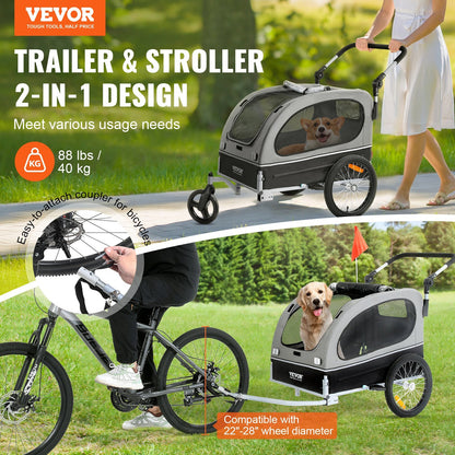 2-in-1 Easy Folding Stroller/Bike Trailer Supports up to 88 lbs for Dogs