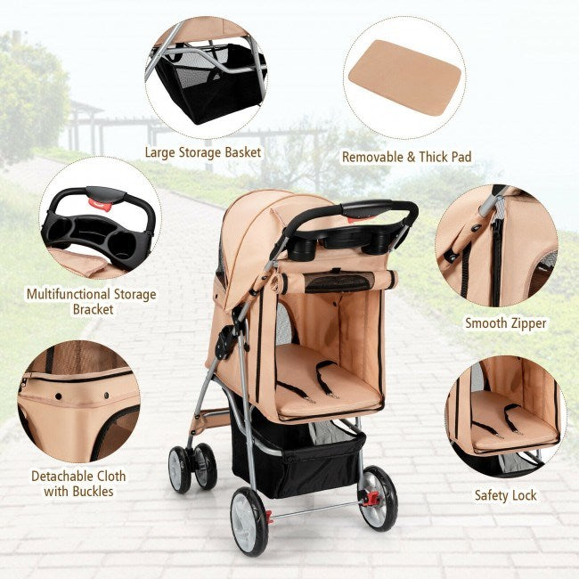 Foldable 4-Wheel Stroller with Storage Basket For Dogs and Cats