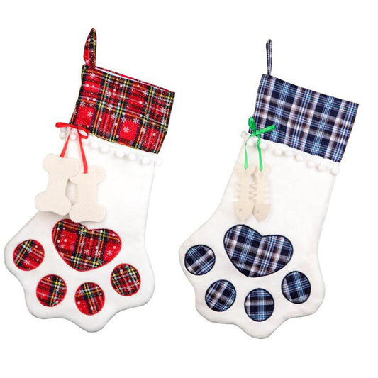 Plaid Christmas Paw Stocking Gift Bags for Dogs and Cats