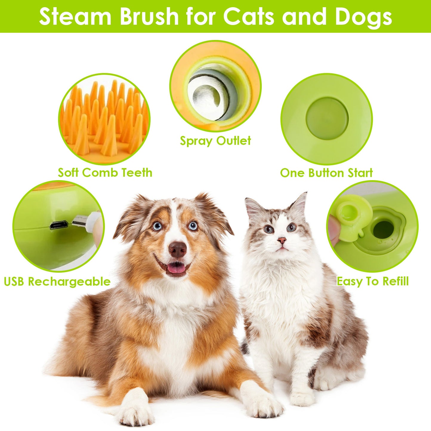 3 In 1 Grooming Steam Cleaning Brush for Cats Dogs - USB Rechargeable